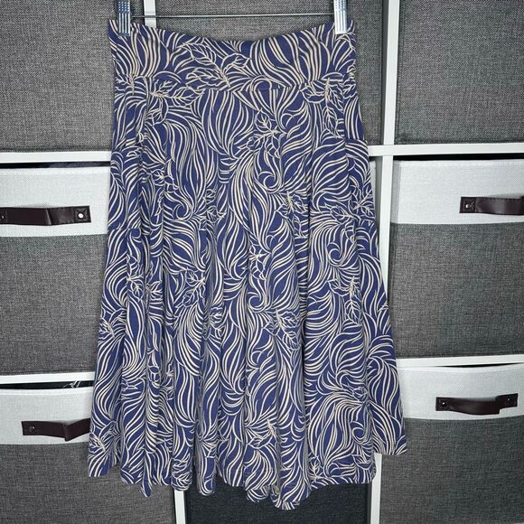 Effies Heart Leaf Print Jersey Circle Midi Skirt Pockets Retro Style Blue Size L - Picture 1 of 8